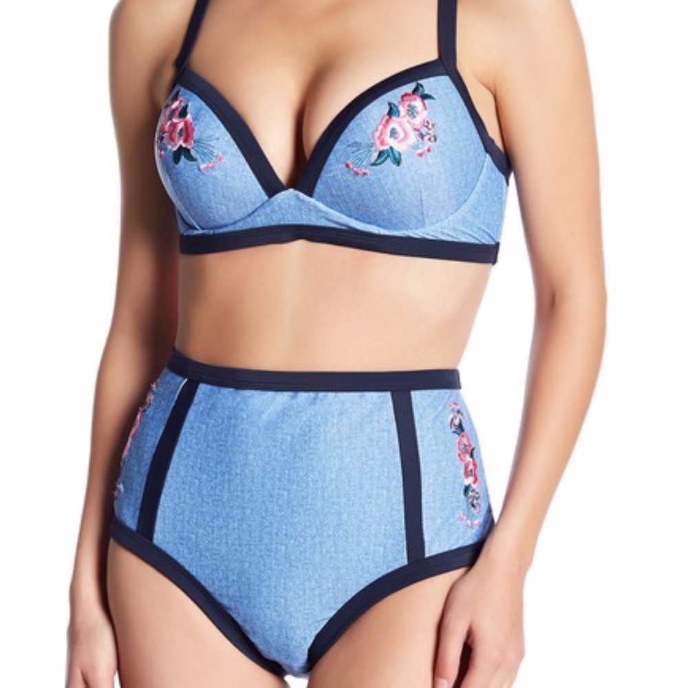 NWT High Waisted Chambray Denim Applique Swimsuit - Picture 3 of 8
